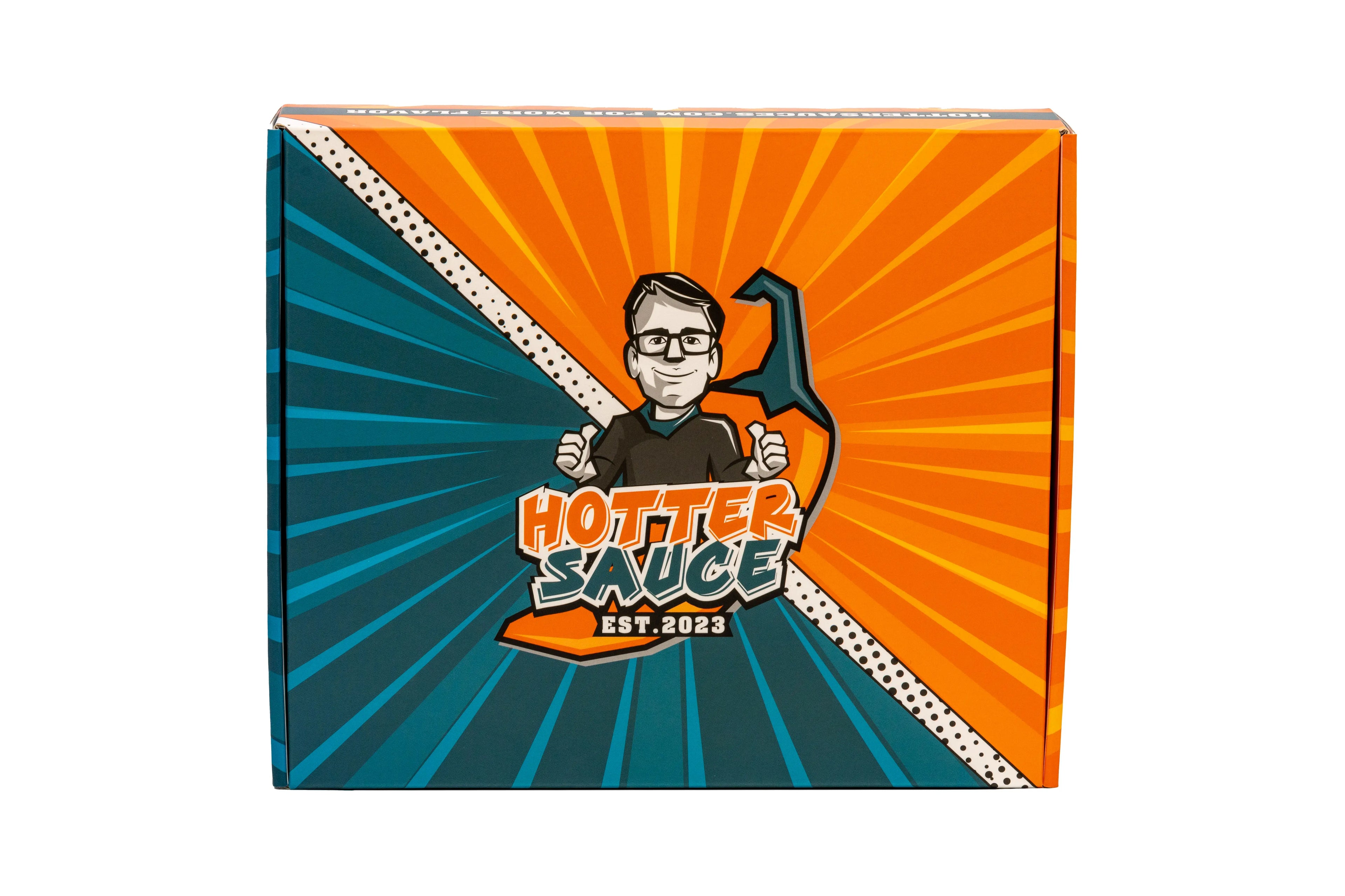 Hotter Sauce packaging with a character in front of a pepper on an orange and blue background