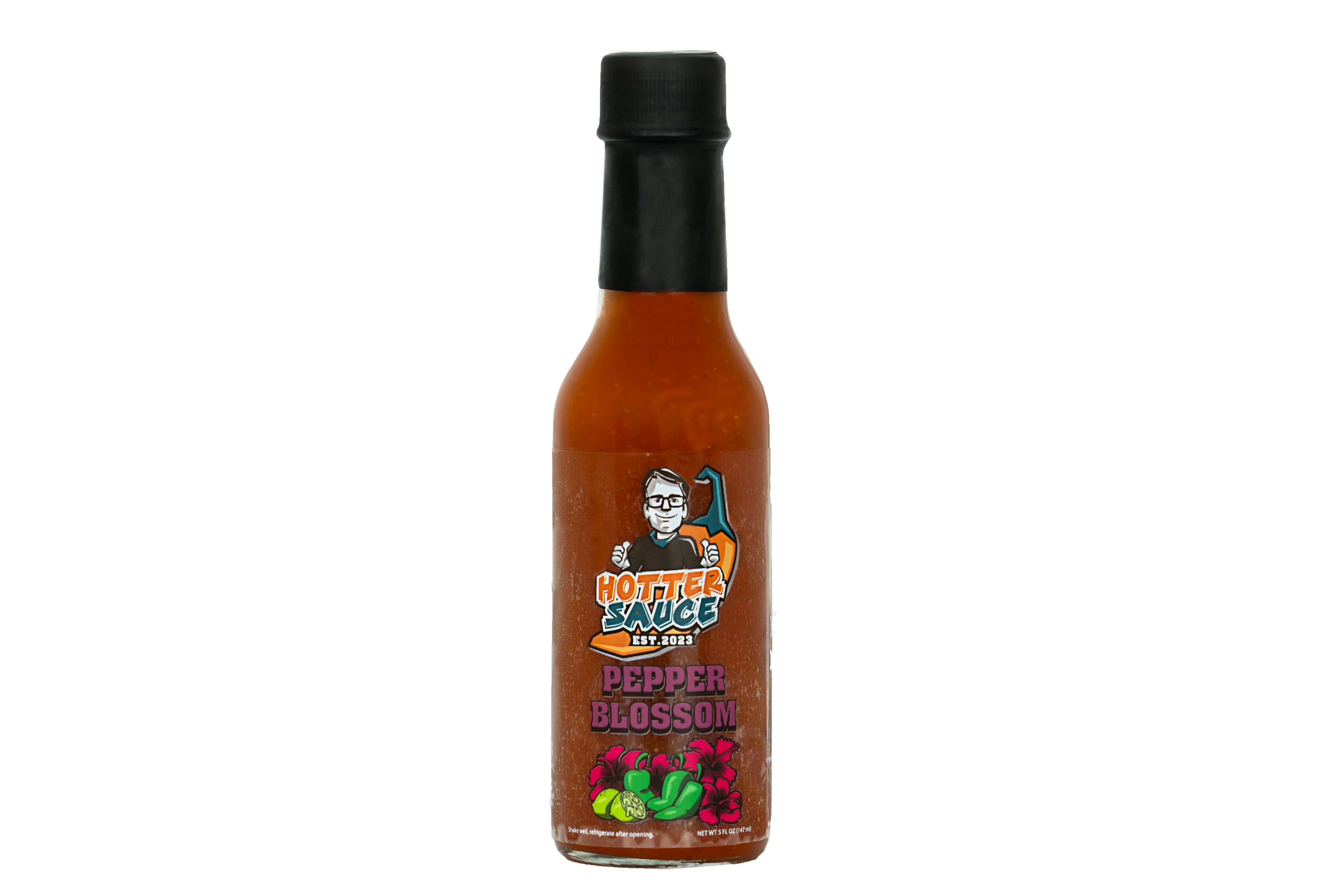 Pepper blossom flavor hot sauce bottle with a label on a white background