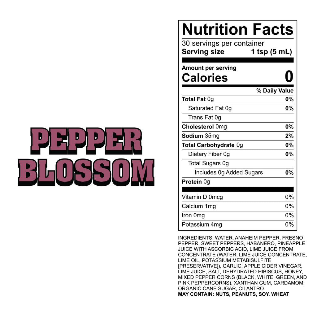 Nutrition facts label for a product called 'Pepper Blossom' hot sauce on a white background.