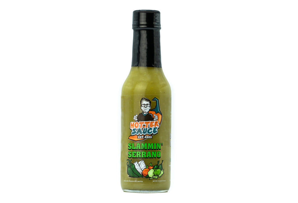 Slamman Serrano Hot sauce bottle with label on a white background