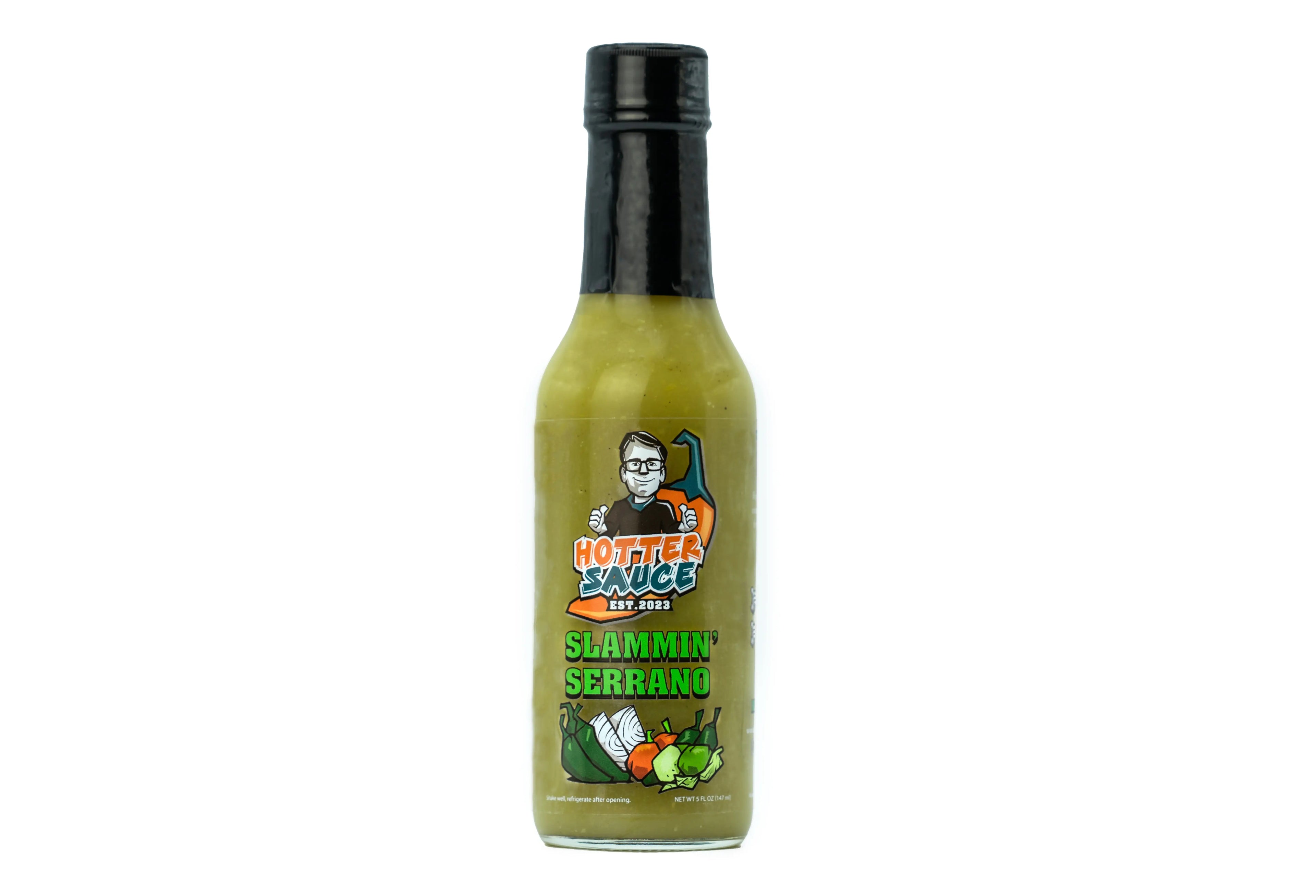 Slamman Serrano Hot sauce bottle with label on a white background