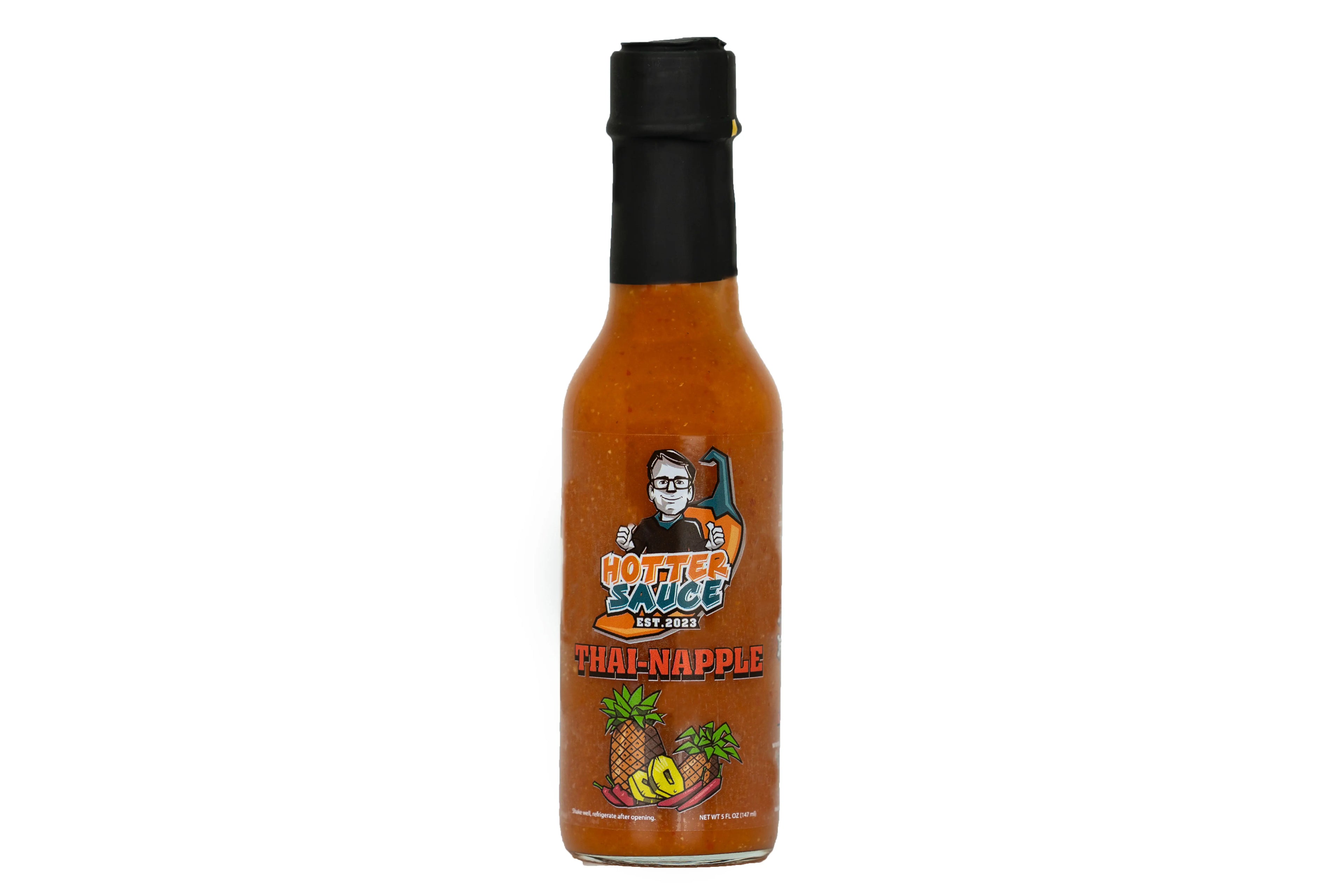 Thai apple hot sauce bottle with branding on a white background