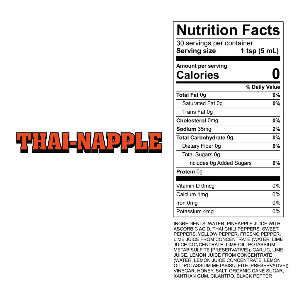 Nutrition facts label for a product called 'Thai-Napple' hot sauce on a white background.