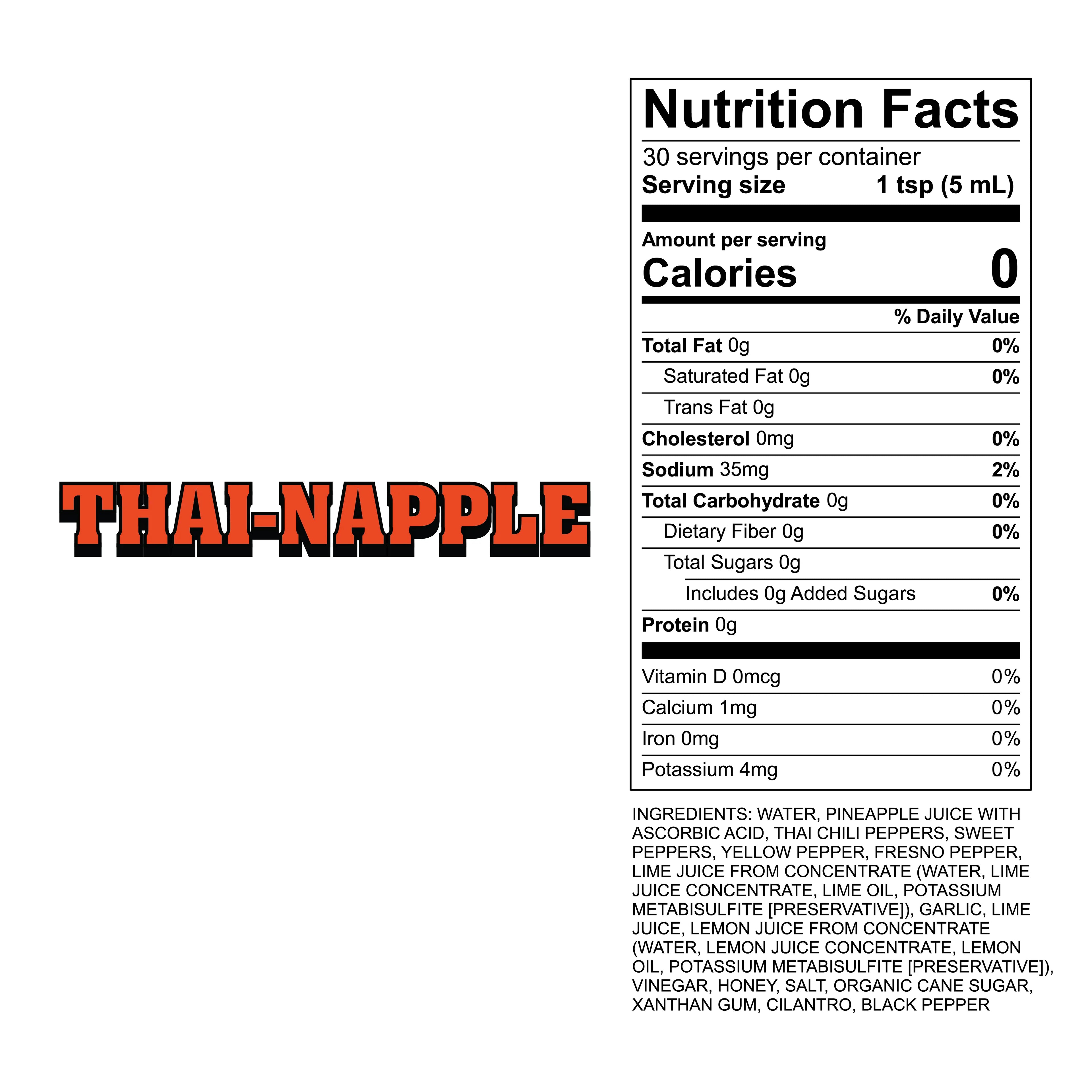 Nutrition facts label for a product called 'Thai-Napple' hot sauce on a white background.
